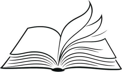 An open book depicted with flowing lines, pages gently turning as if caught by a breeze. The illustration conveys a love for reading and knowledge.