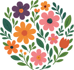 An array of vibrant flowers and leaves, arranged in an organic, circular pattern around a central point. The design features a mix of shapes and sizes