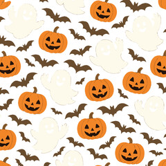 Cheerful ghosts float amidst the pattern, each with a friendly wave. The ghosts are depicted in a bright white, their simple yet expressive features
