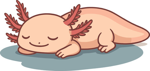 A serene axolotl lying down with eyes closed, resting peacefully on a small blue puddle. Its expression is calm and content, capturing a moment of
