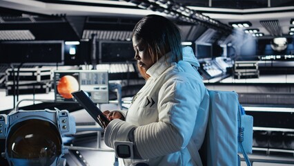 Female astronaut using tablet to check space station analytics after completing surface mission on unfamiliar planet. Woman inputting navigation coordinates, preparing for return to Earth