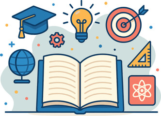 An open book takes center stage, surrounded by colorful educational icons like a graduation cap, lightbulb, and target. The composition is lively,