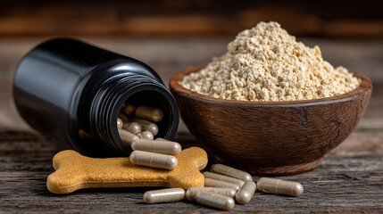 Close macro shot, beige pet vitamins spilling gently from a bottle onto a wooden surface near a filled bowl of kibble, with a dog bone treat completing the composition of pet welln