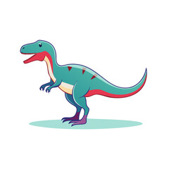 Obraz premium Illustration of Cartoon Allosaurus Dinosaur, Teal Body, Red Stripes, Red Accents, Standing Side View