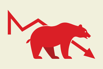 Bear Market Symbol: A bold illustration depicts the essence of the bear market, with a red bear signifying decline and bearish trends in an economy, accompanied by a descending red arrow