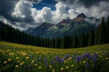 Fototapeta premium Majestic Summer Alpine Landscape with Wildflowers, Pine Forest, and Rugged Mountain Peaks under Dramatic Sky – Ultra-Realistic Nature Photography 