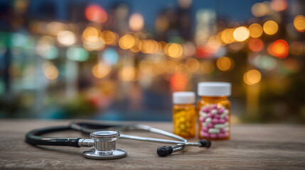 A soft natural light scene, stethoscope on a table catching highlights, blurred pill bottles in warm tones behind, suggesting care, treatment, and patient trust