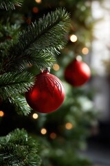 Festive red ornaments on christmas tree branch with soft lighting