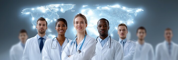 Diverse medical team with world map background: multiracial young professionals in healthcare