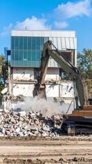 Demolition excavator working on a building