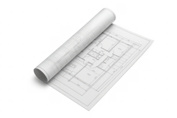 Architectural blueprint partially rolled up showing a transparent background