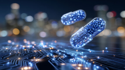 Blue pills hovering above a glowing futuristic circuit board, neon light reflections on the metallic surface, representing innovative medicine and high-tech pharmaceutical solution
