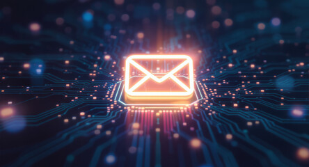 high-tech glowing envelope email interface in dark background, digital security access panel, sci-fi design