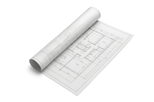 Architectural blueprint partially rolled up showing a transparent background - Powered by Adobe