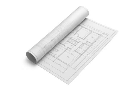 Architectural blueprint partially rolled up showing a transparent background
