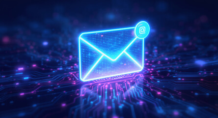 high-tech glowing envelope email interface in dark background, digital security access panel, sci-fi design