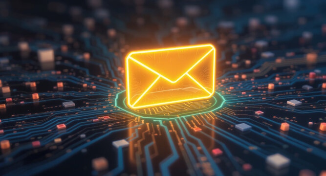 high-tech glowing envelope email interface in dark background, digital security access panel, sci-fi design