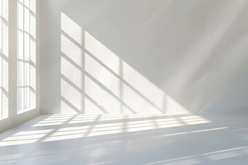 Obraz premium Sunlight streams through large window in empty white room, showcasing shadows on wall and floor; ideal for minimalist design
