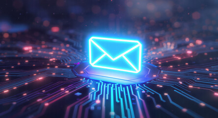 high-tech glowing envelope email interface in dark background, digital security access panel, sci-fi design