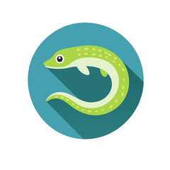 Fototapeta premium Adorable eel icon with a playful cartoon design featuring bright green hues and cute spots swimming within a blue circle.