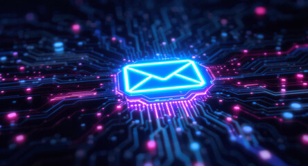 high-tech glowing envelope email interface in dark background, digital security access panel, sci-fi design
