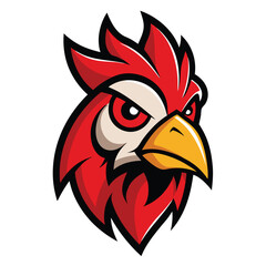 Fierce rooster mascot head with bold upright comb and vibrant cmyk colors for branding