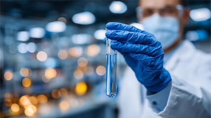 Close-up of a gloved hand holding a clear glass vial filled with bright liquid, soft clinical lighting reflecting on the surface, symbolizing medicine, vaccines, and healthcare tre