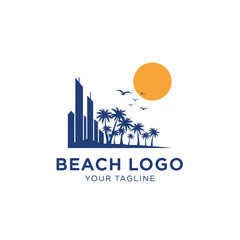 Fototapeta premium Beach resort logo design featuring city skyline and palm trees.