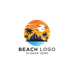 A circular beach logo design featuring a city skyline silhouette with palm trees against a vibrant sunset over the ocean.