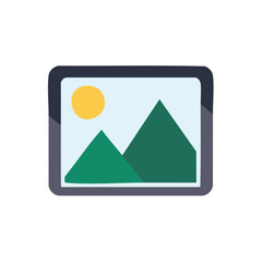 A tablet featuring a landscape with mountains and a sun illustration, simple graphic