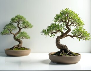 Two meticulously sculpted bonsai trees showcase intricate branch structures, vibrant green leaves against clean white background. Foreground bonsai displays gracefully curved trunk with exposed