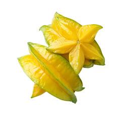 Fototapeta premium Two star fruits are shown against a black background The fruits have a shiny yellow skin and a star shape when sliced