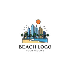 Fototapeta premium Modern city skyline emerges from a tropical beach with palm trees and a vibrant sun.