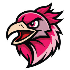 Aggressive flamingo head mascot logo design featuring vibrant ruffled feathers and bold colors