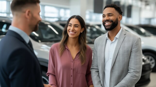 Couple happily discussing car options with a salesperson in a dealership during daytime