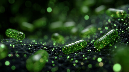 Macro perspective, green capsules floating above a holographic grid, digital particles orbiting around, concept of high-tech medicine and virtual healthcare visualization