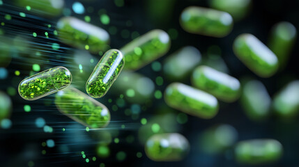 Close-up of capsules, vibrant green pills suspended in mid-air, surrounded by glowing data streams and floating holographic elements, symbolizing pharma innovation and digital tech