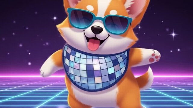 Animated Retro Corgi Dancing in a Neon Grid Environment, Fun and Energetic