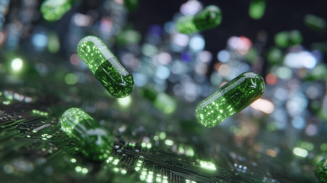 Futuristic lab composition, green capsules hovering above neon circuit patterns, soft reflections and digital overlays emphasizing medicine in a high-tech environment