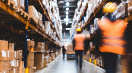 Busy warehouse environment with workers organizing packages during the day