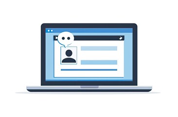 Online Profile Update Laptop screen displays a user profile form with a happy chat bubble, suggesting a positive online experience; ideal for website design