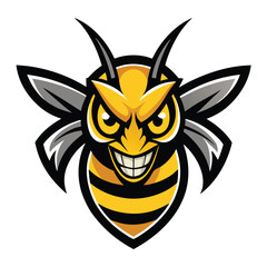 Fierce enraged wasp head mascot logo design with prominent stinger and bold colors