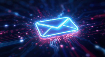 high-tech glowing envelope email interface in dark background, digital security access panel, sci-fi design