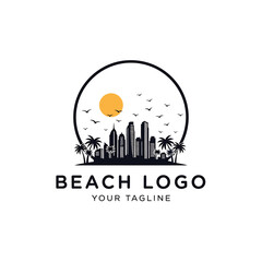 Coastal city skyline logo design, sun, palm trees, birds, circle frame.