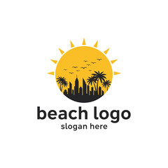 A graphic logo of a tropical city beach, showing a skyline and palm trees silhouetted against a large yellow sun with birds flying.