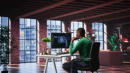 African american technician writes code on AI brain neural network for machine learning, doing maintenance and debugging the software systems. IT expert uses programming language. Camera B.