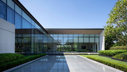 Obraz premium Modern Architecture with Reflecting Pool and Lush Greenery