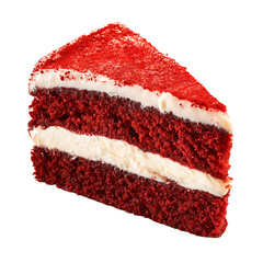 A vibrant slice of red velvet cake showcasing its distinct layers of moist cake and rich creamy frosting with red dusting on top