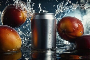  Blank can mockup splashed with water and fresh nectarines, ideal for healthy fruit drink advertising.