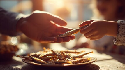 A child extends their hand to grab a small fish from a plate while enjoying a family meal together